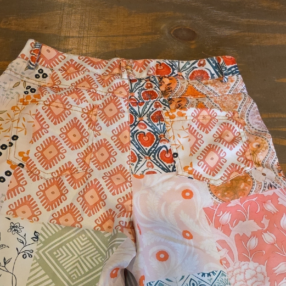 Patchwork Wide-Leg Pants in Coral, Peach & Cream - Picture 6 of 9